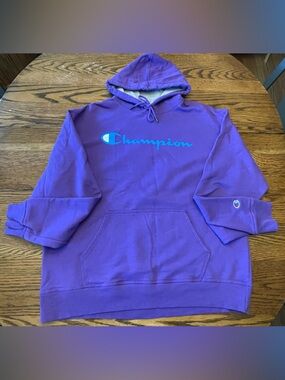 Champion Purple Hoodie with Light Blue Script